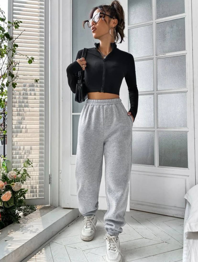 Three Thread Fabric Bottom Tracksuit With Elastic Waist And Front Lacing Gray