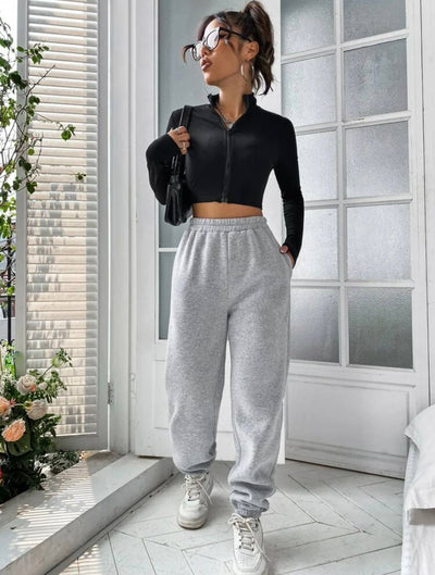 Three Thread Fabric Bottom Tracksuit With Elastic Waist And Front Lacing Gray