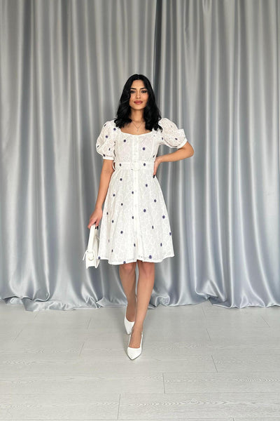 Short Sleeve Knee Length Square Neck Dress With Belt White