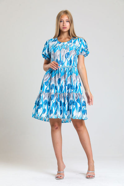 Tulip Pattern Blue Dress With Elastic Sleeves and Side Pockets