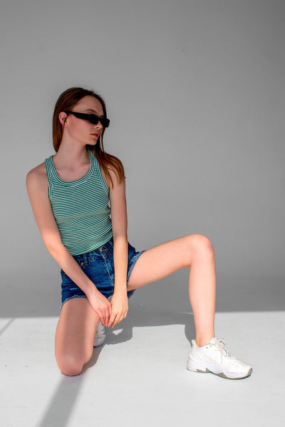 Striped Ribbed Halter Neck Tank Tops Green, White