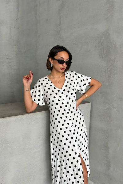 Short Sleeve Polka Dot Print Dress White