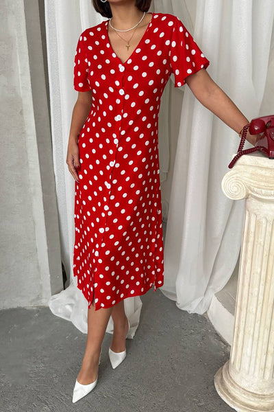 Short Sleeve Polka Dot Print Dress Red