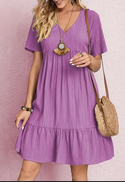 Short Sleeve Knee Length Relaxed Fit V Neck Dress Lilac
