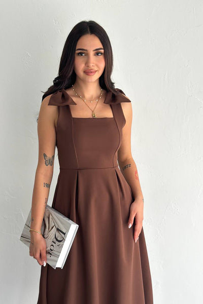 Sleeveless Strappy Bow Detailed Flared Dress Brown
