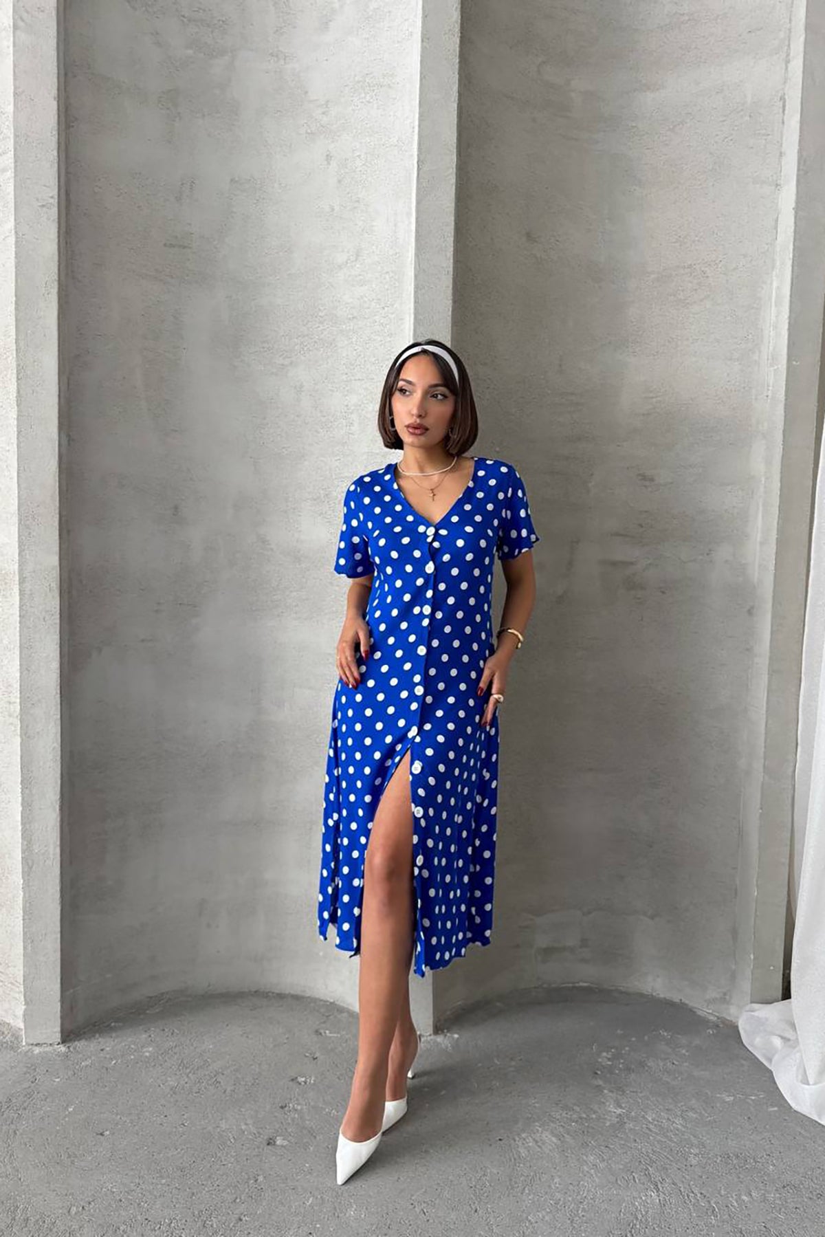 Short Sleeve Polka Dot Print Dress Blue