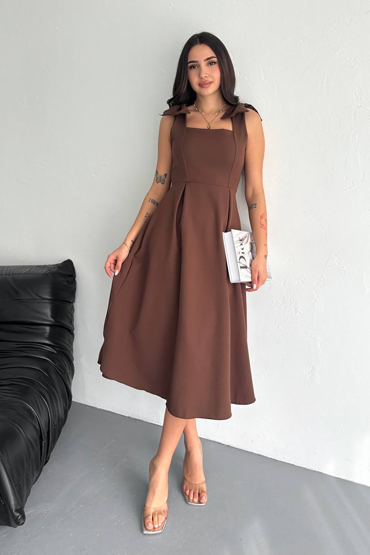Sleeveless Strappy Bow Detailed Flared Dress Brown