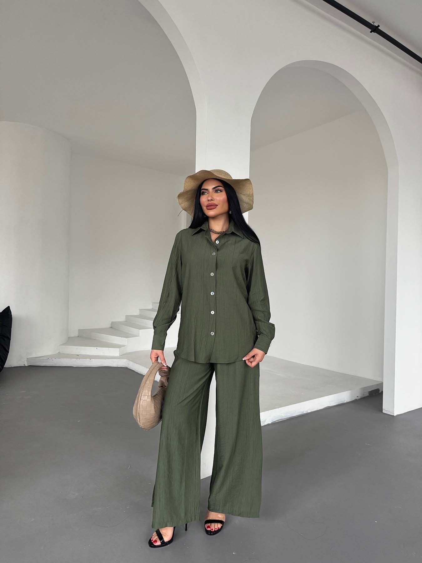 Long Sleeve Shirt with Pants Set Green