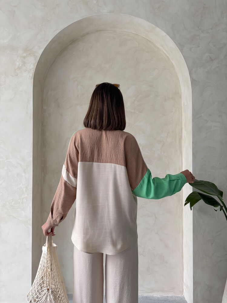 Long Sleeve Garnished Shirt Stone and Emerald