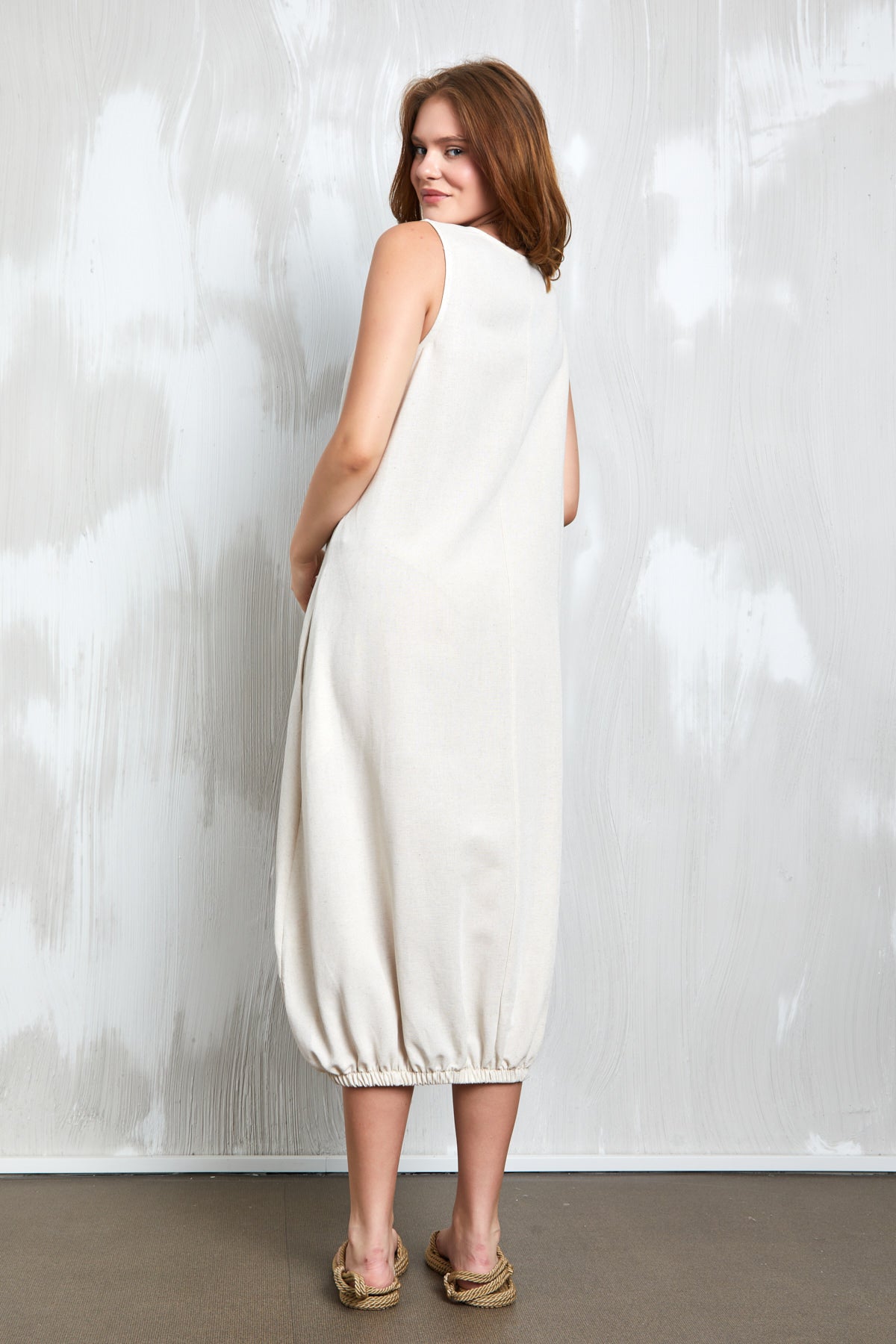 Sleeveless Balloon Dress Bottom Elastic Cream