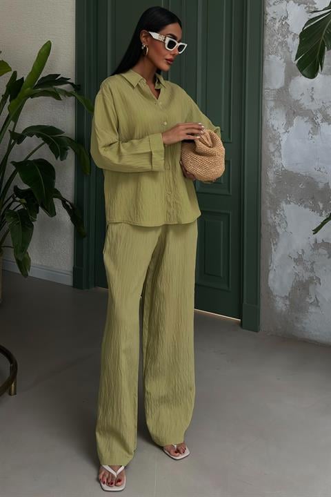 Embossed Striped Long Sleeve Shirt with Pants Set Peanut Green