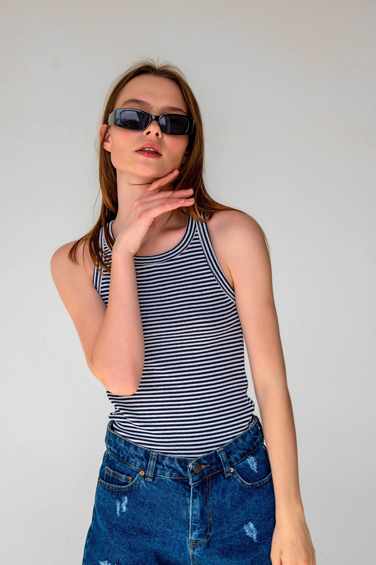 Striped Ribbed Halter Neck Tank Tops Black, White