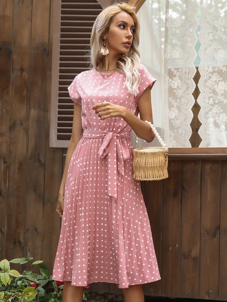 Sleeveless Belted Waist Polka Dot Sandy Dress Pink