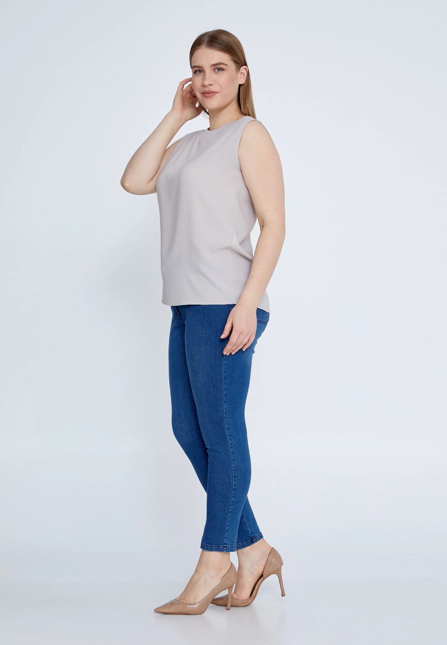 Sleeveless Solid Color Plus Size Blouse Beige