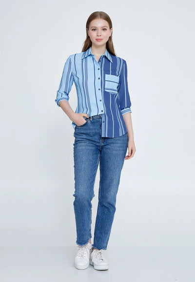 Mid-Length Striped Regular Shirt Blue