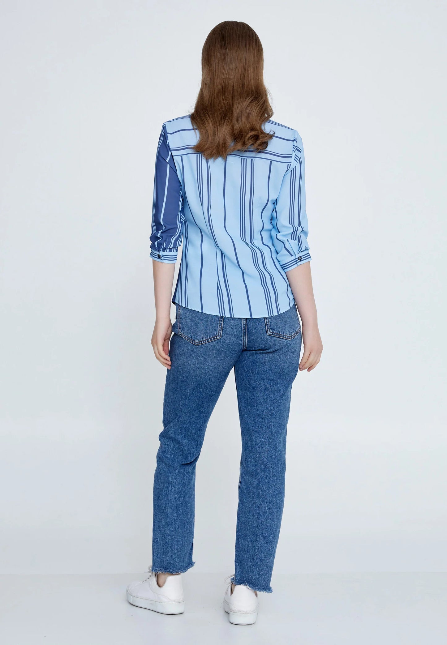 Mid-Length Striped Regular Shirt Blue