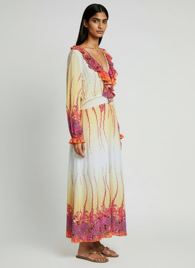 Bohemian Floral Ruffle V-Neck Maxi Dress