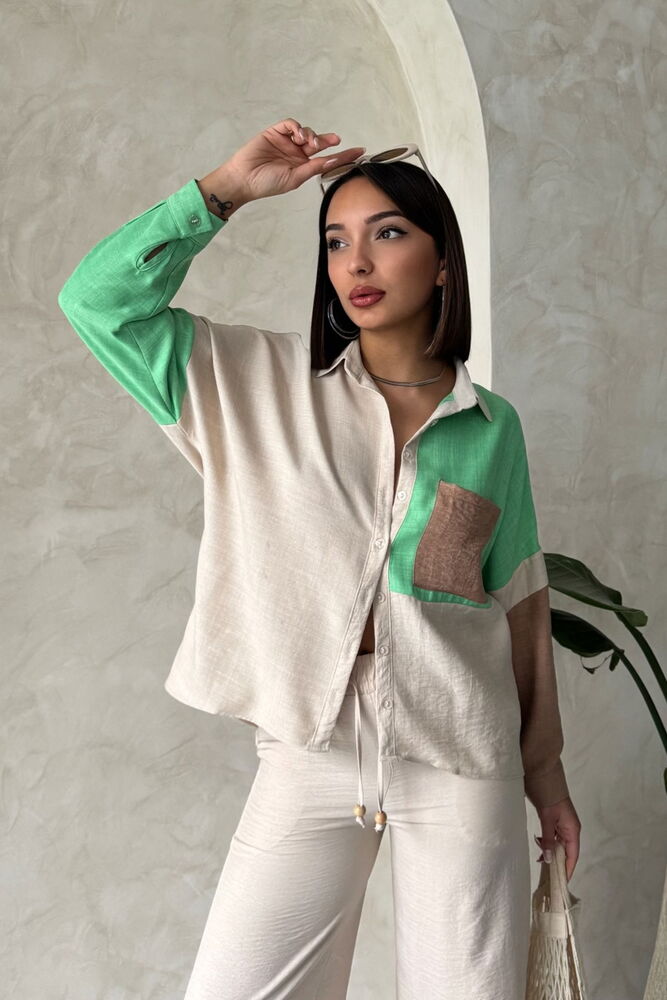 Long Sleeve Garnished Shirt Stone and Emerald