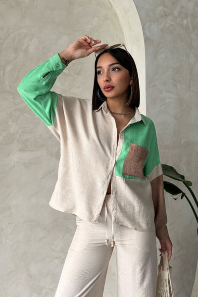 Long Sleeve Garnished Shirt Stone and Emerald