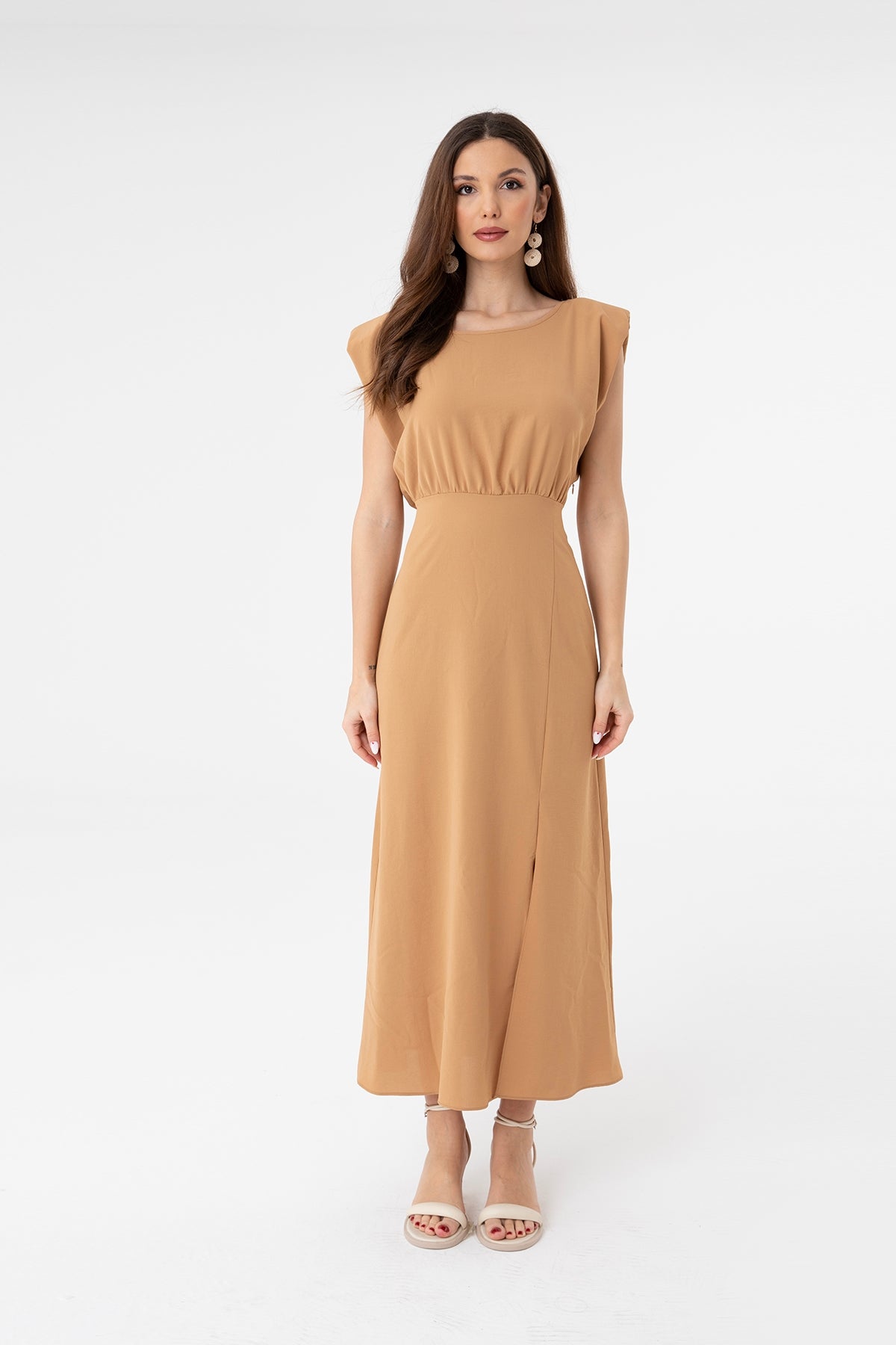 Short Sleeve Slip Detailed Midi Dress Beige