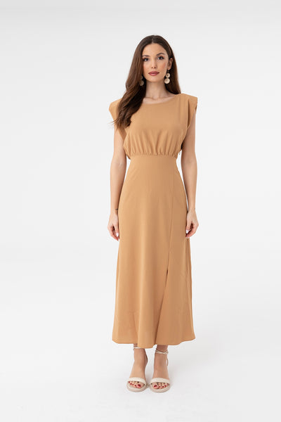 Short Sleeve Slip Detailed Midi Dress Beige