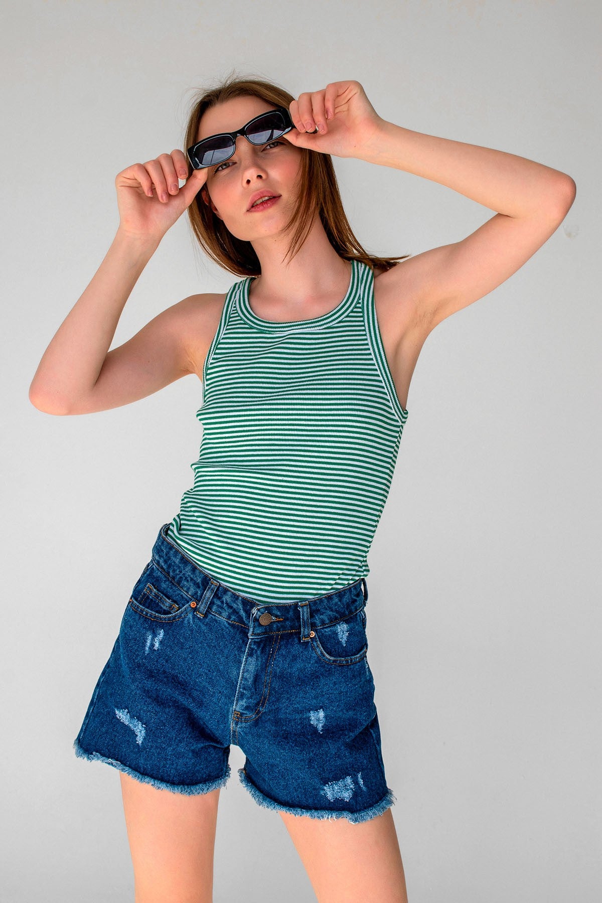 Striped Ribbed Halter Neck Tank Tops Green, White
