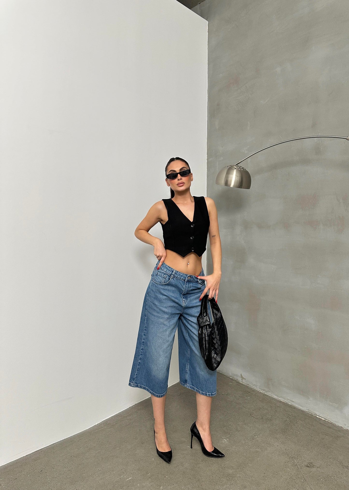 Baggy Pattern Bermuda Jeans Blue