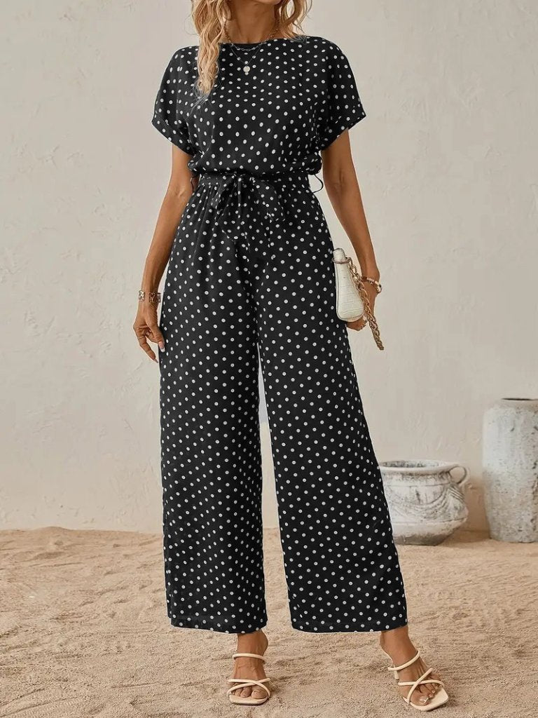 Short Sleeve Black Polka Dot Casual Elegant Jumpsuit