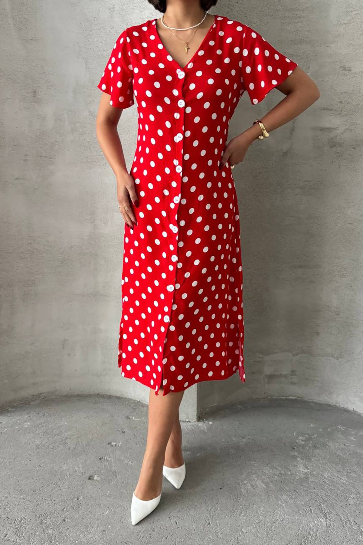 Short Sleeve Polka Dot Print Dress Red