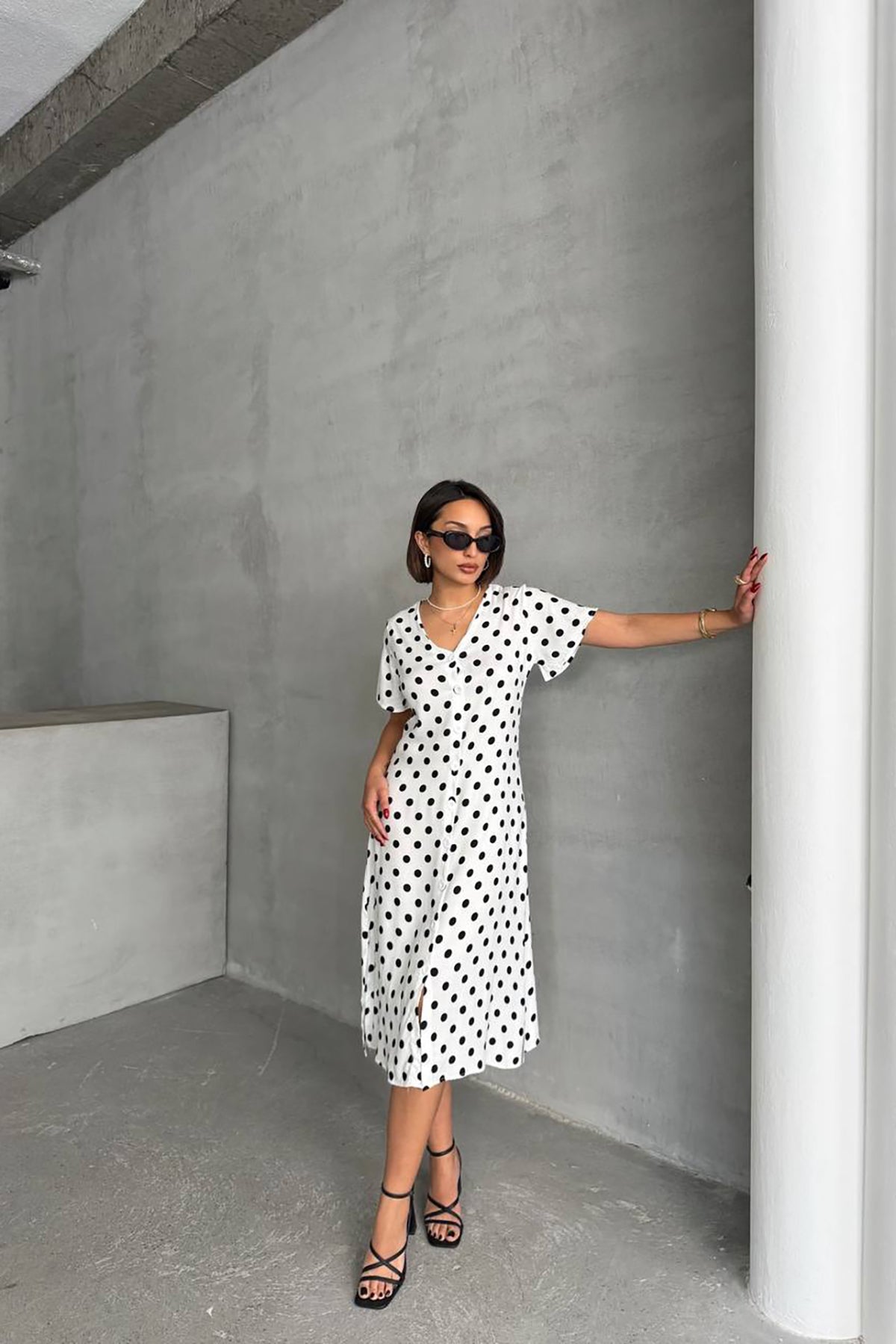 Short Sleeve Polka Dot Print Dress White