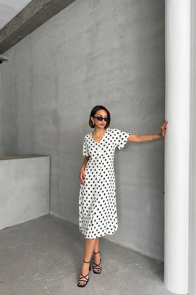 Short Sleeve Polka Dot Print Dress White