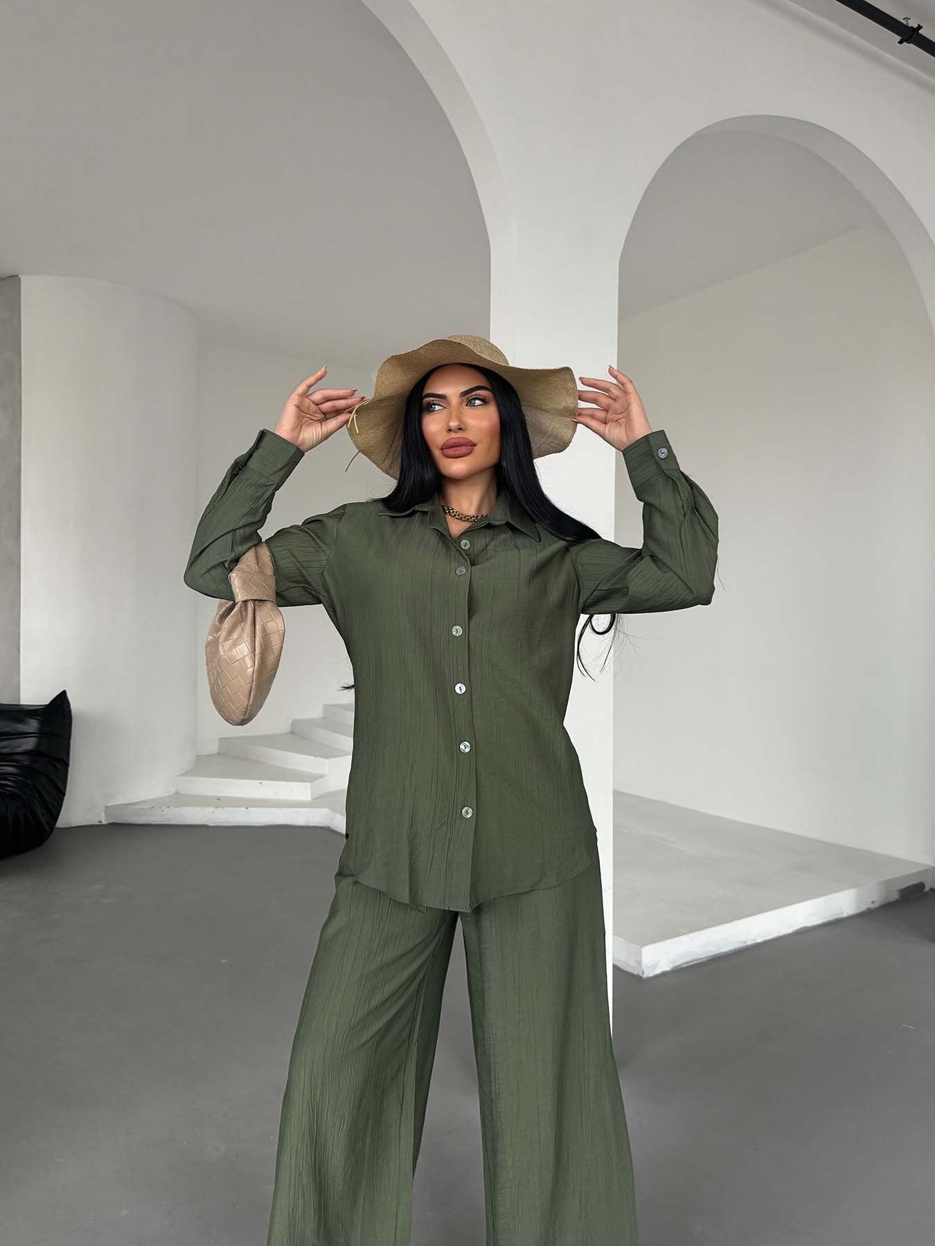 Long Sleeve Shirt with Pants Set Green