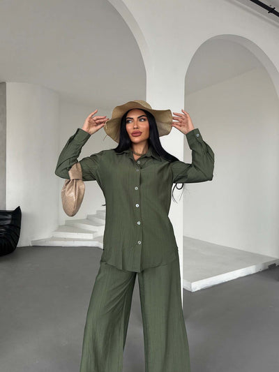 Long Sleeve Shirt with Pants Set Green