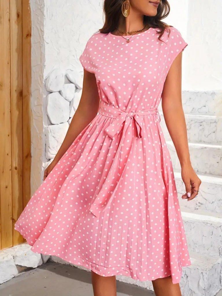 Sleeveless Belted Waist Polka Dot Sandy Dress Pink