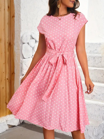 Sleeveless Belted Waist Polka Dot Sandy Dress Pink