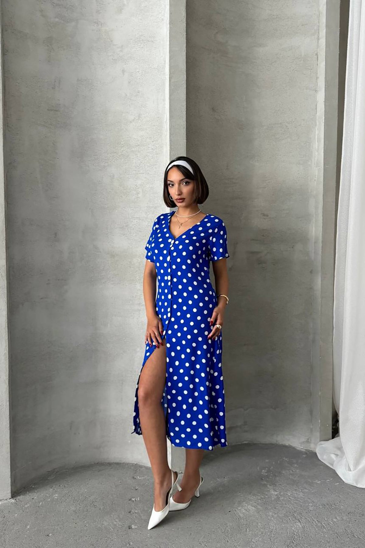 Short Sleeve Polka Dot Print Dress Blue