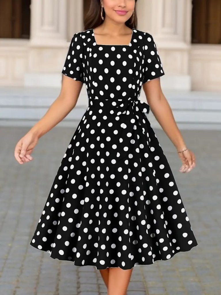 Short Sleeve Polka Dot Midi Dress Black