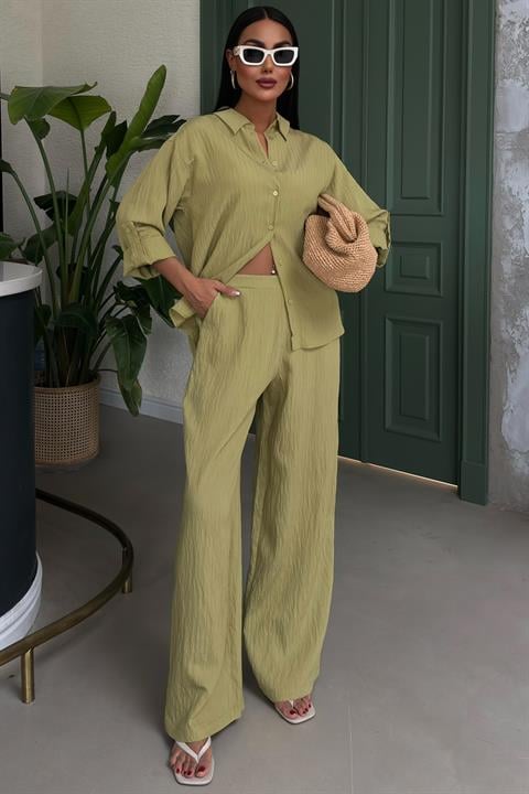 Embossed Striped Long Sleeve Shirt with Pants Set Peanut Green