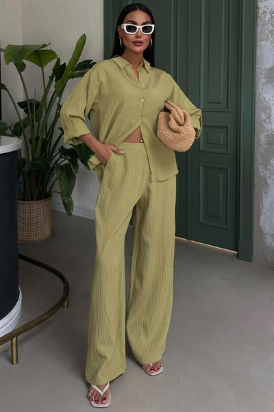 Embossed Striped Long Sleeve Shirt with Pants Set Peanut Green