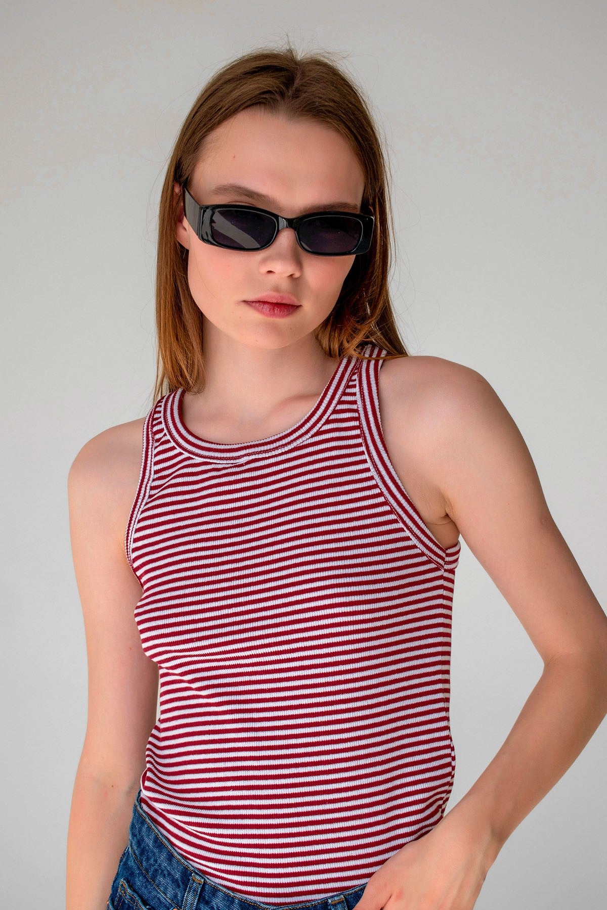 Striped Ribbed Halter Neck Tank Tops Red, White