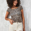 Short Sleeve Leopard Pattern Square Neck Slimfit Blouse