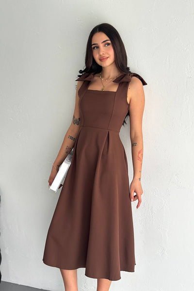 Sleeveless Strappy Bow Detailed Flared Dress Brown