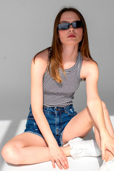 Striped Ribbed Halter Neck Tank Tops Black, White