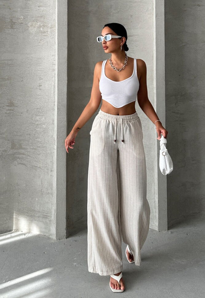 Striped Linen Pants Beige