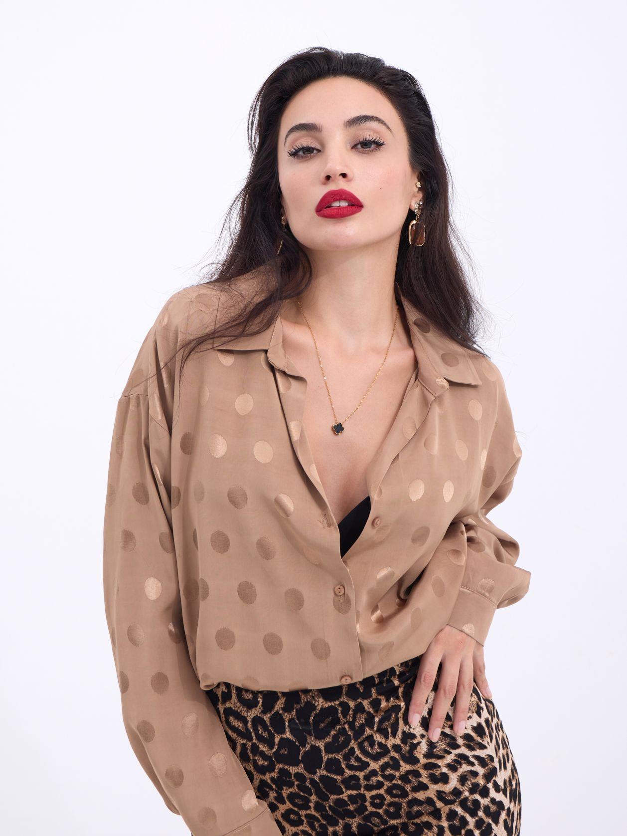 Long Sleeve Patterned Oversized Shirt Beige
