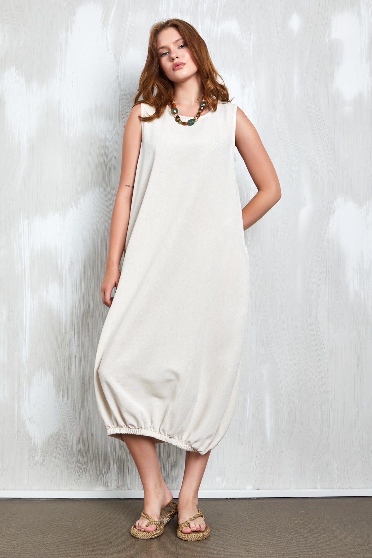 Sleeveless Balloon Dress Bottom Elastic Cream