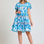 Tulip Pattern Blue Dress With Elastic Sleeves and Side Pockets