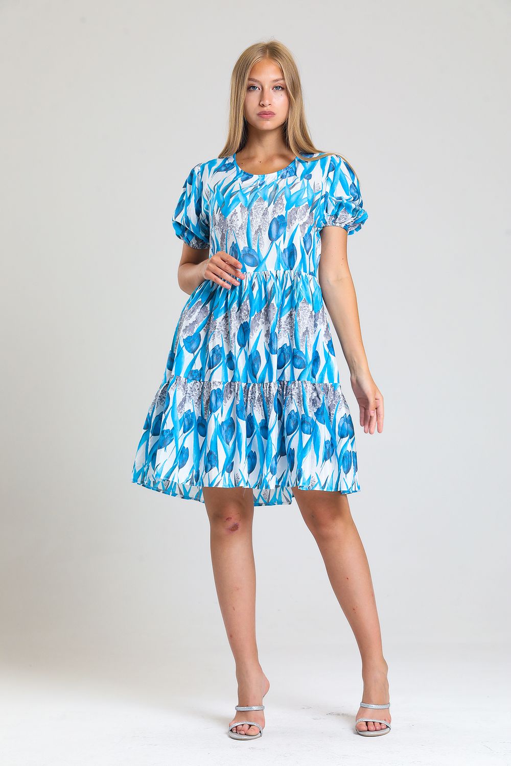 Tulip Pattern Blue Dress With Elastic Sleeves and Side Pockets