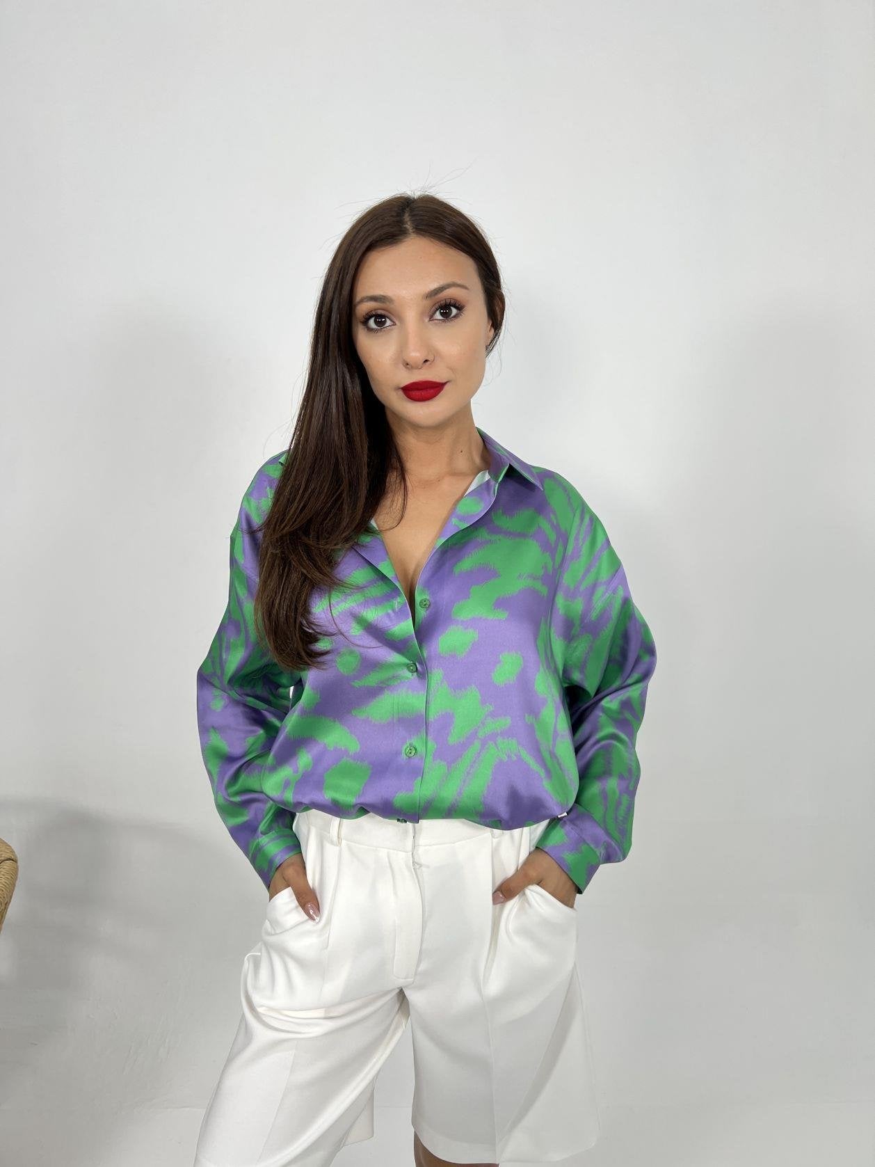 Long Sleeve Satin Shirt Oversized Purple and Green