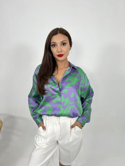 Long Sleeve Satin Shirt Oversized Purple and Green